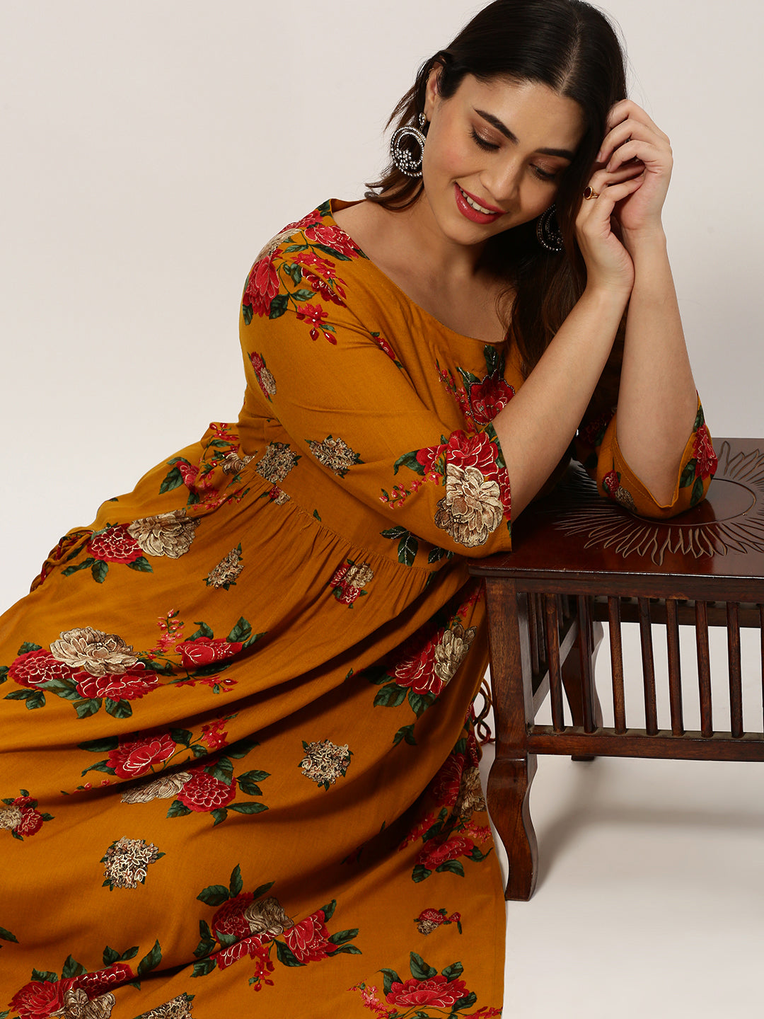 Women Straight Mustard Floral Kurta