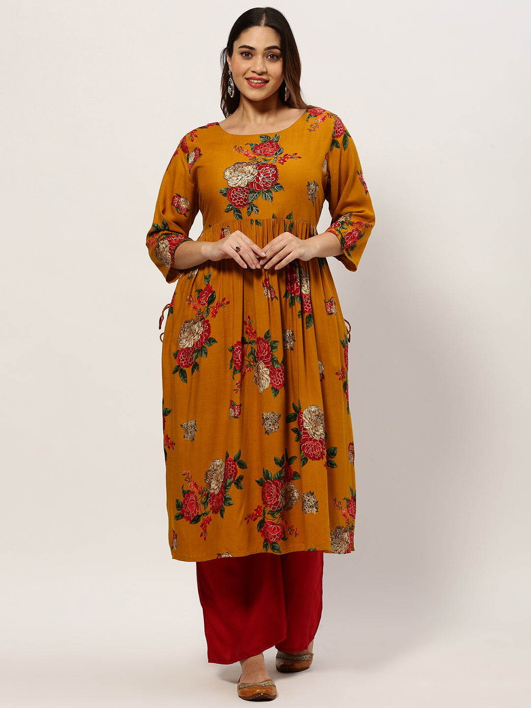 Women Straight Mustard Floral Kurta