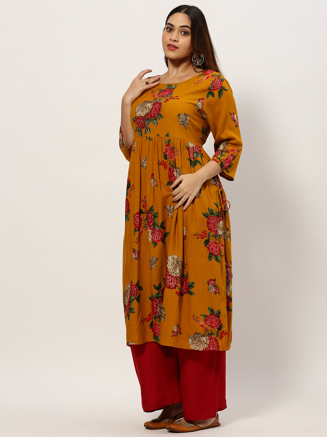 Women Straight Mustard Floral Kurta