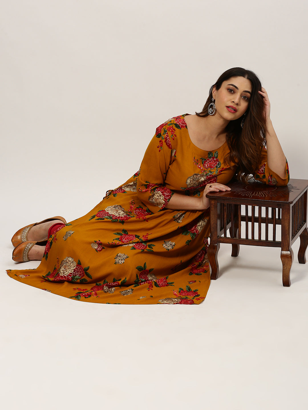 Women Straight Mustard Floral Kurta