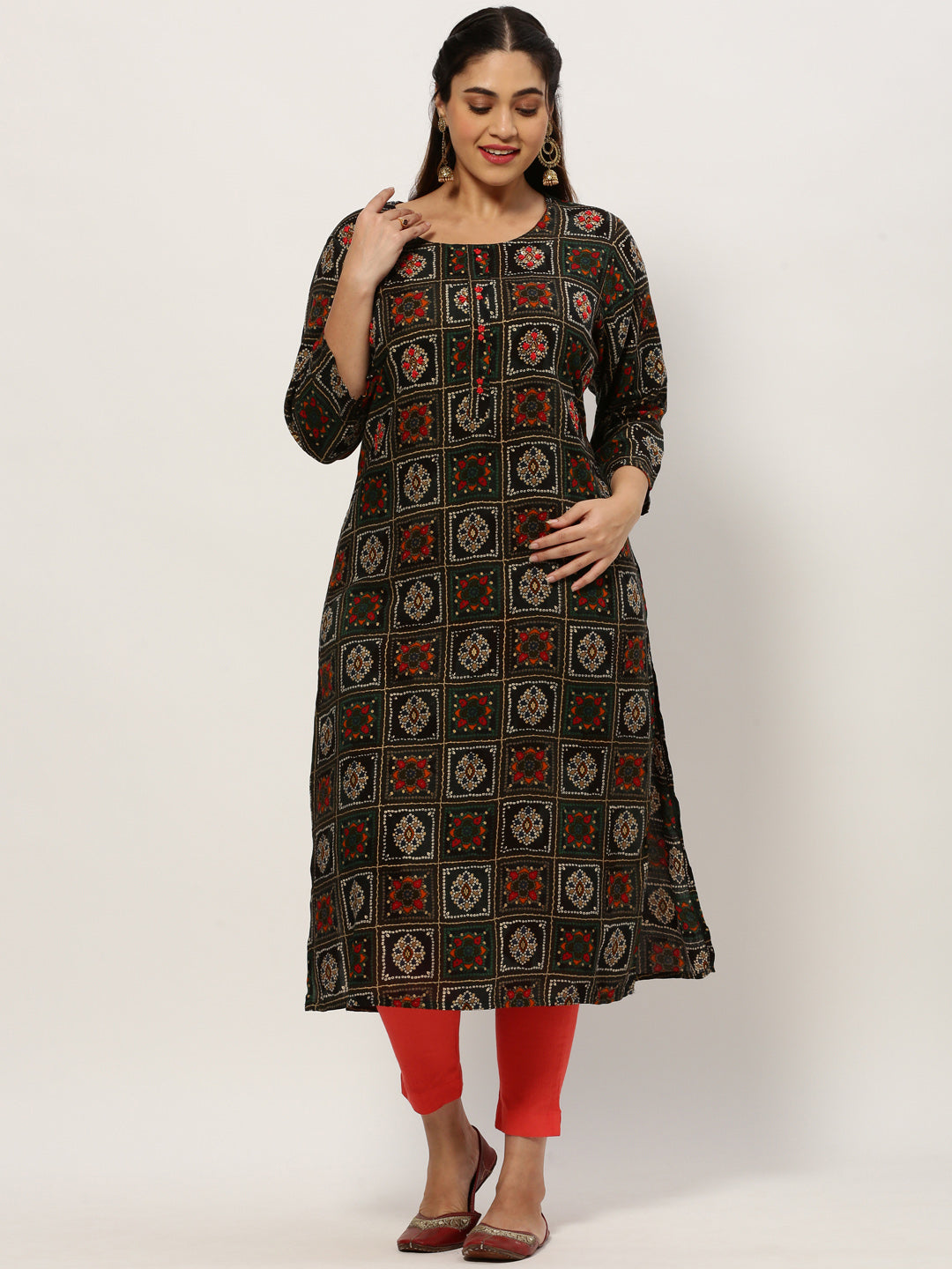 Women Straight CoffeeBrown Bandhani Kurta