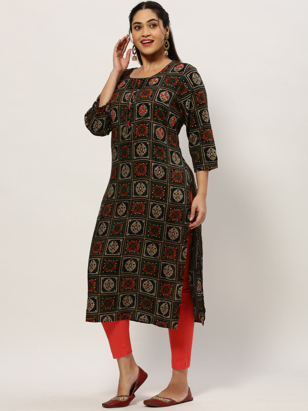 Women Straight CoffeeBrown Bandhani Kurta