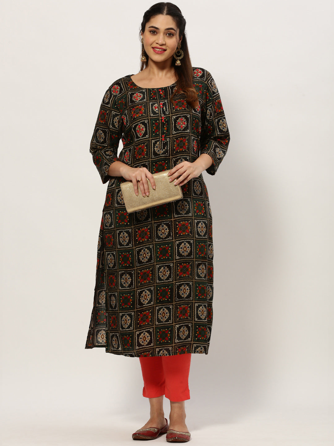 Women Straight CoffeeBrown Bandhani Kurta