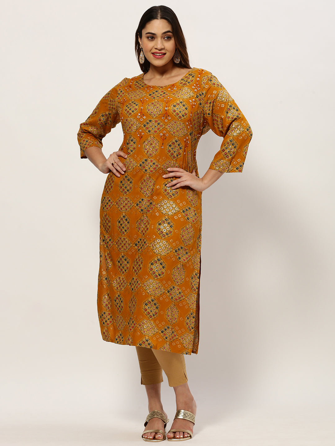Women's Straight Mustard Ethnic Motifs Kurta