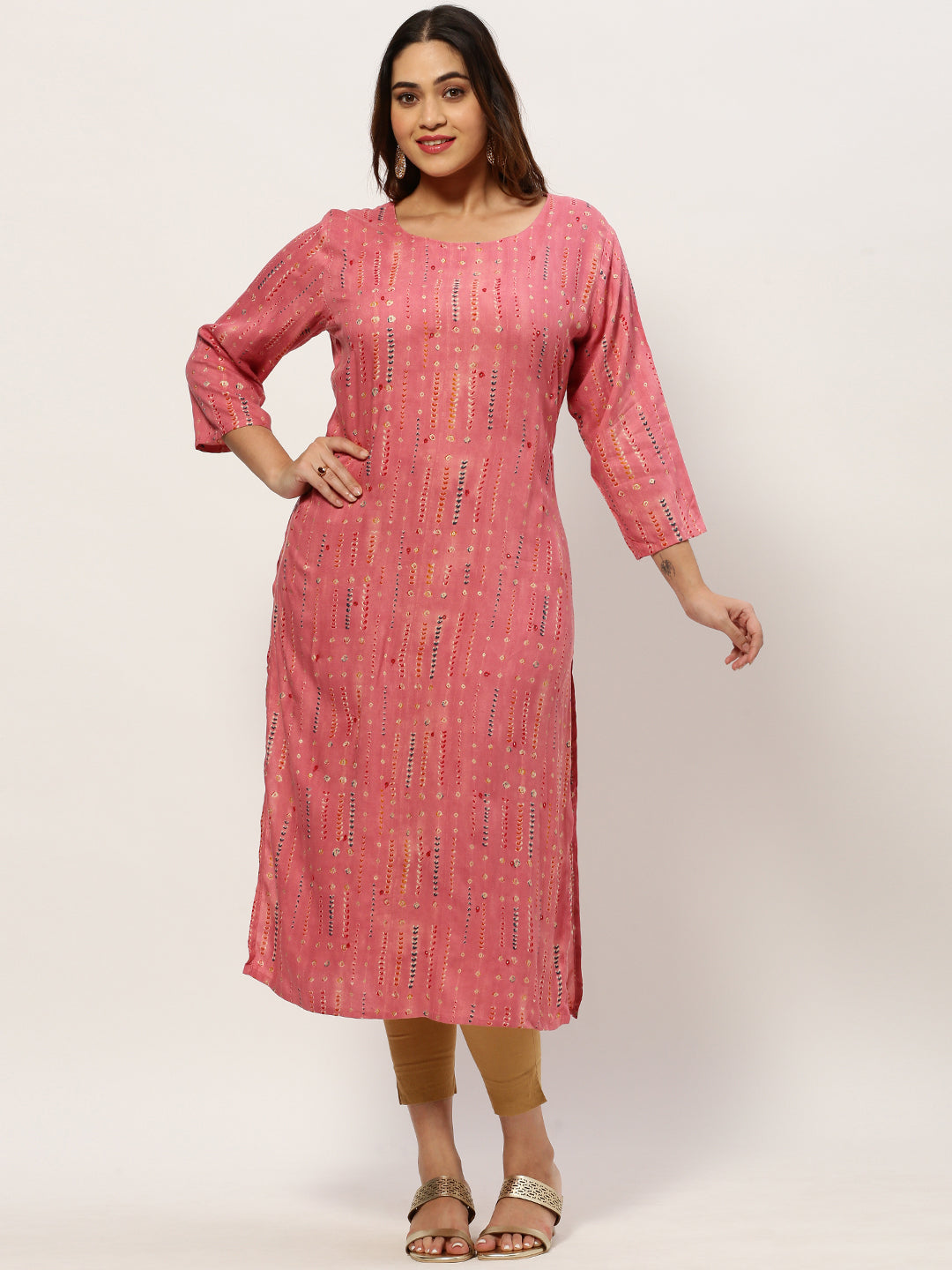 Women Straight Pink Geometric Kurta