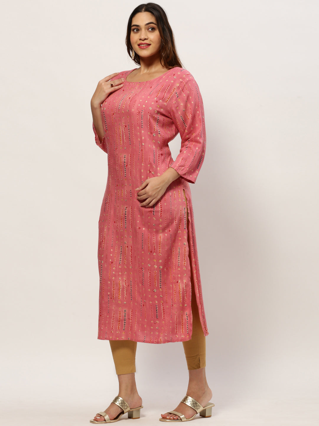 Women Straight Pink Geometric Kurta