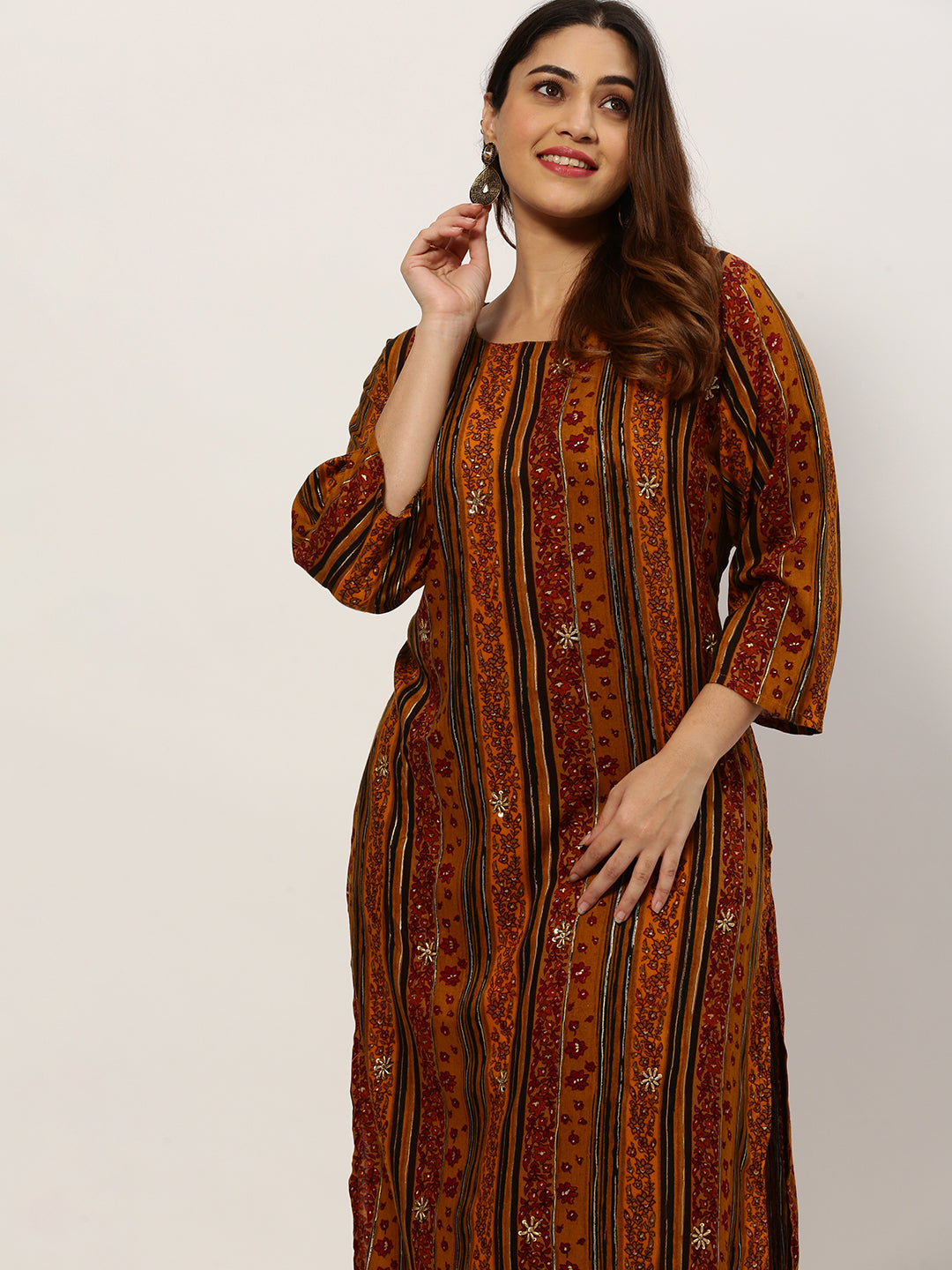 Women Straight Mustard Ethnic Motifs Kurta