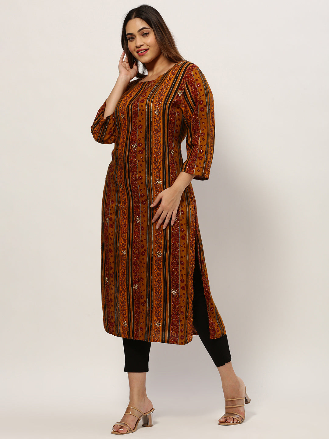 Women Straight Mustard Ethnic Motifs Kurta