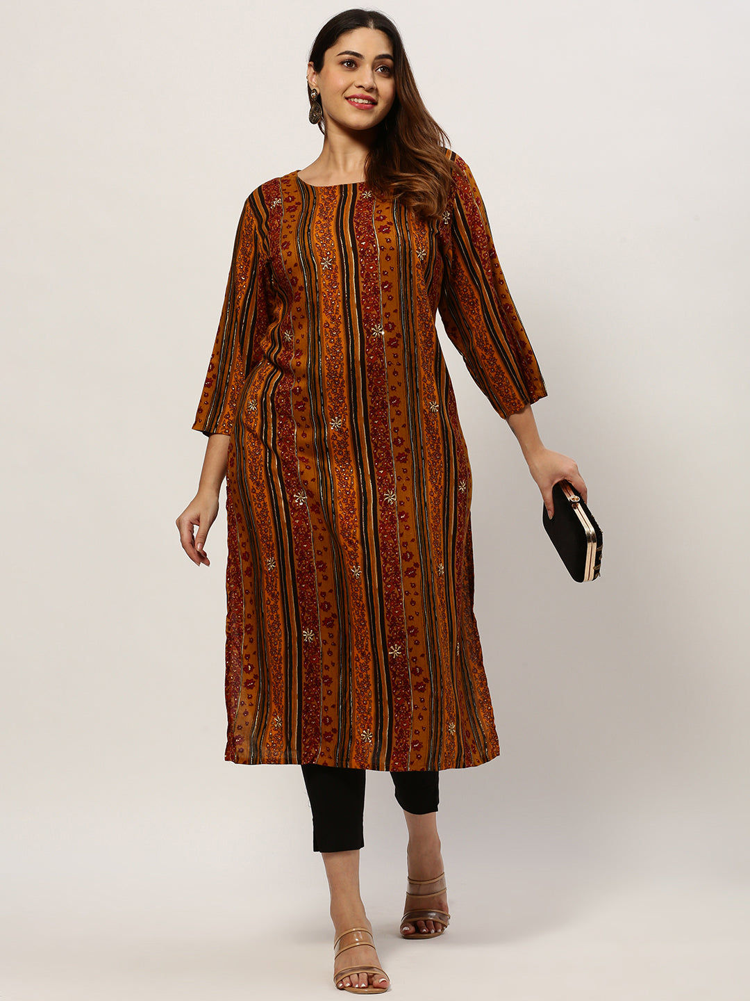 Women Straight Mustard Ethnic Motifs Kurta