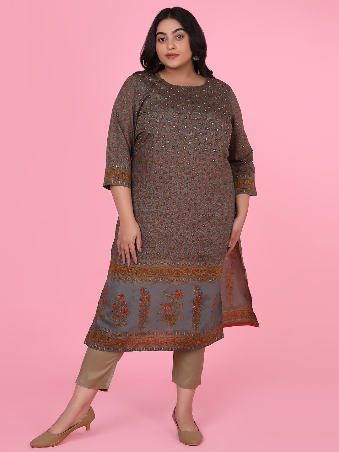 Women Olive Floral Straight Kurta