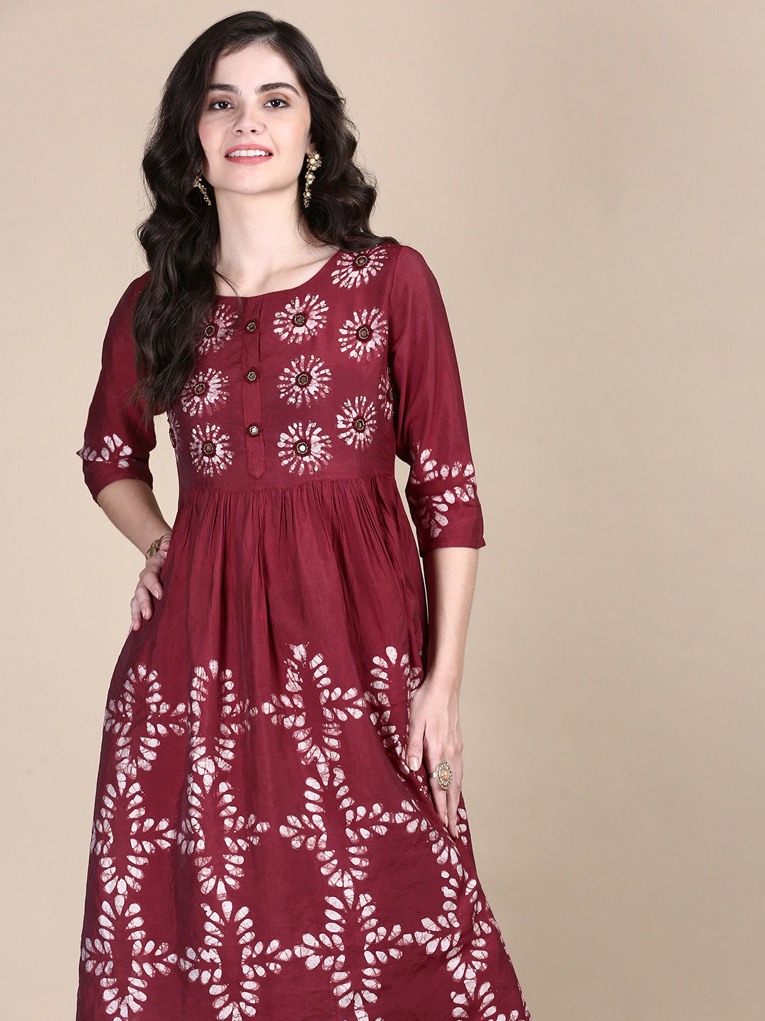 Women Floral Maroon A-Line Kurta Set