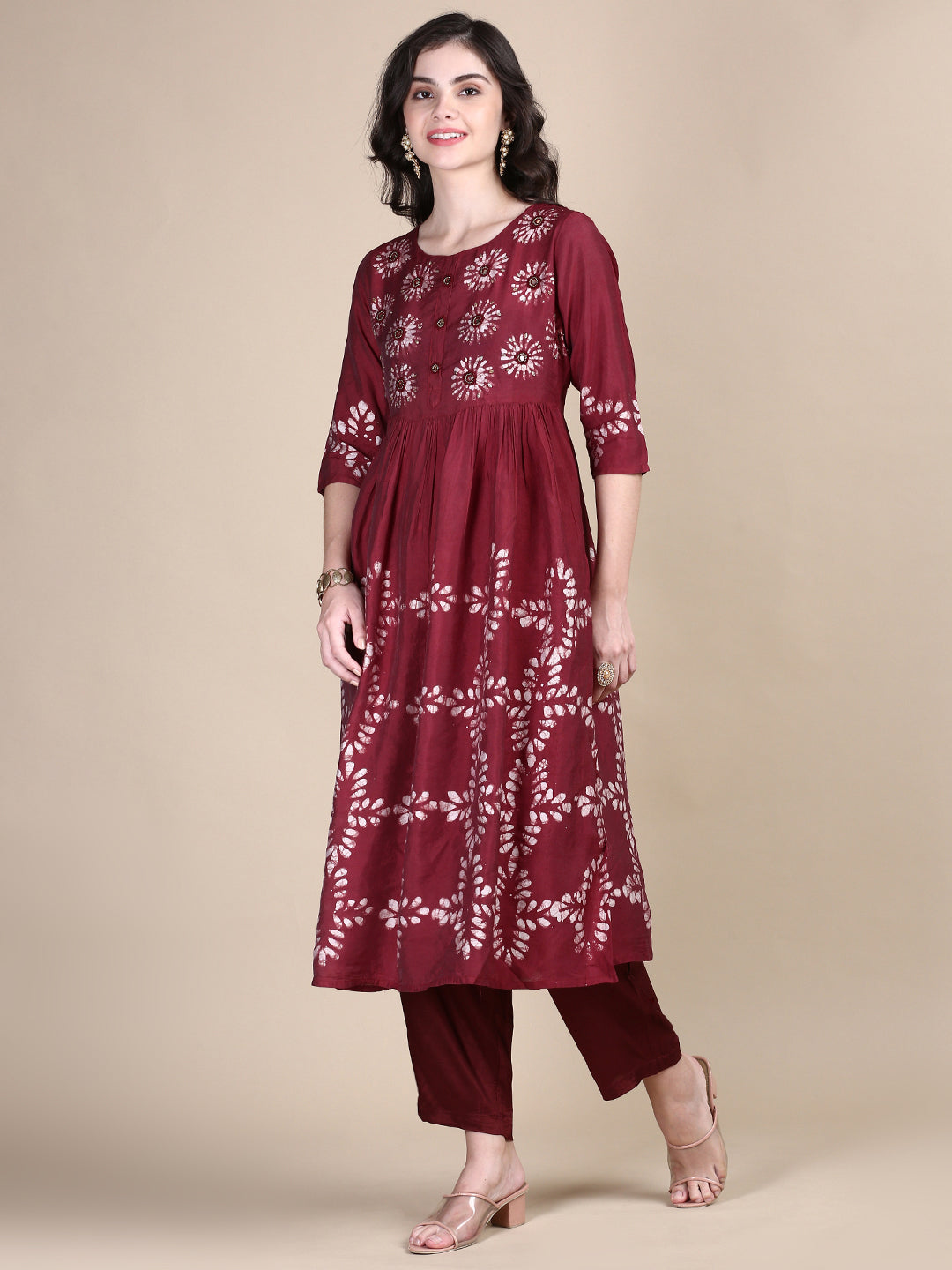 Women Floral Maroon A-Line Kurta Set