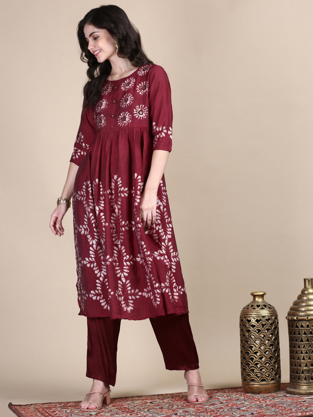 Women Floral Maroon A-Line Kurta Set