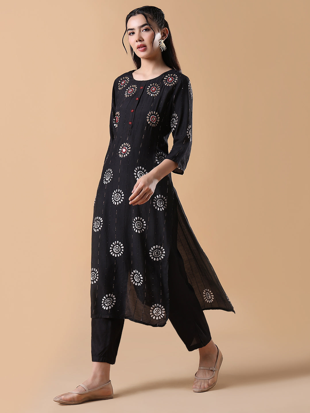 Women Floral Straight Black Kurta Set with Dupatta