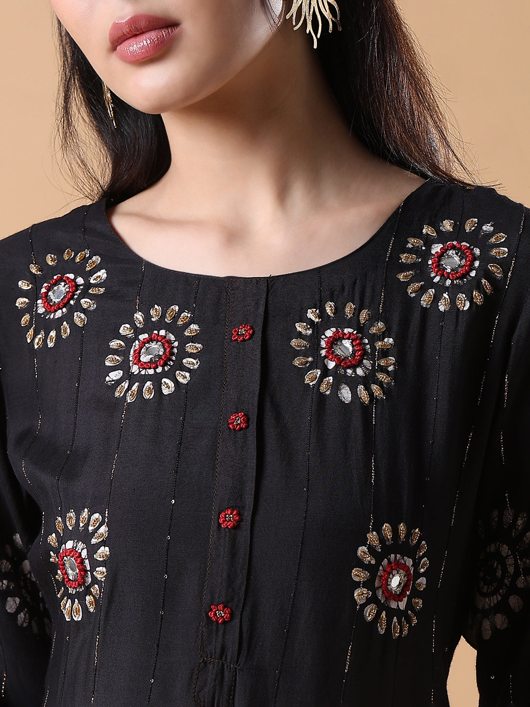 Women Floral Straight Black Kurta Set with Dupatta