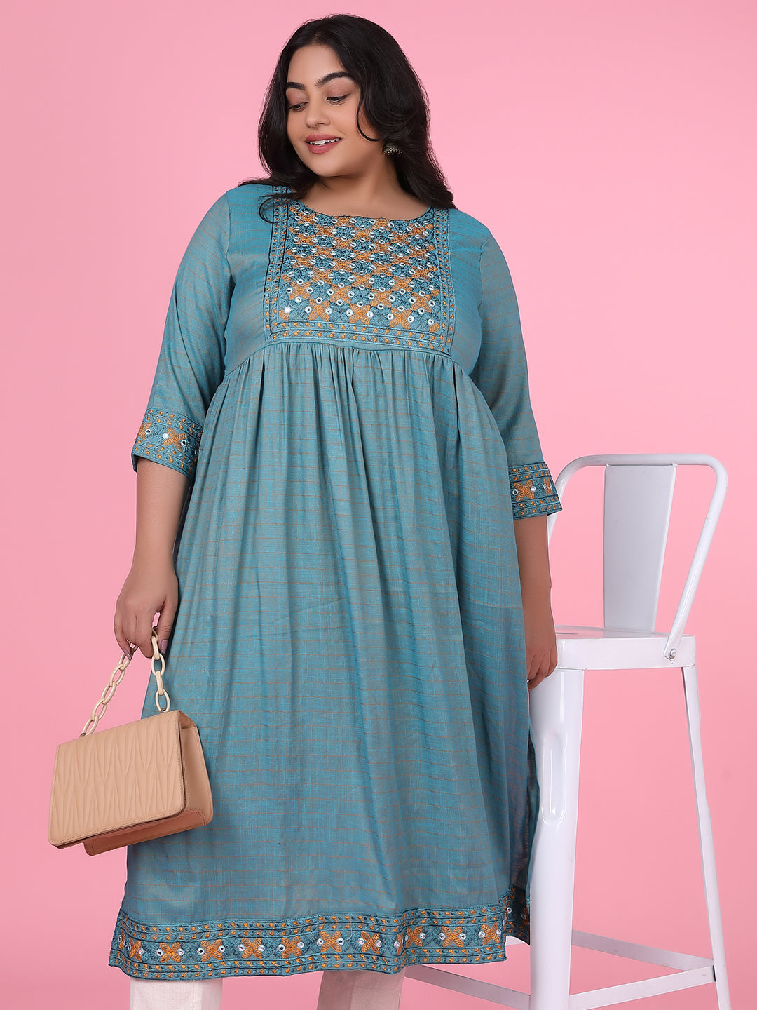 Women Teal Woven Design A Line Kurta