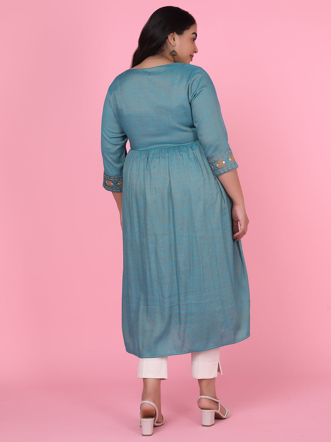 Women Teal Woven Design A Line Kurta