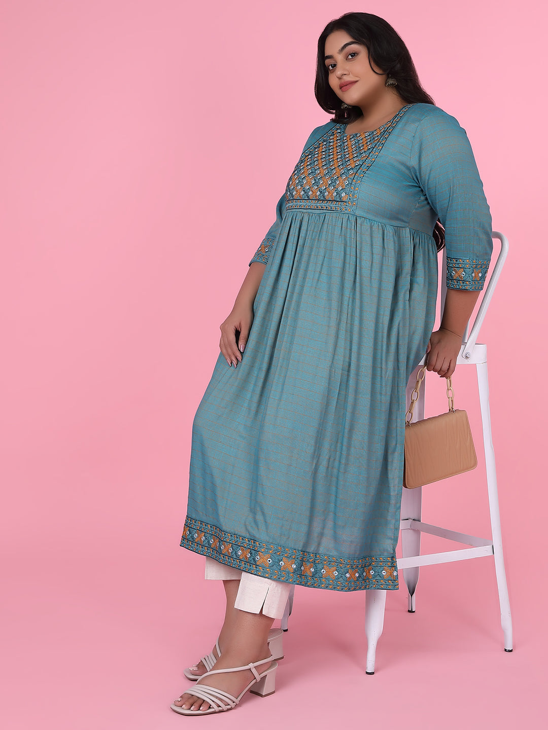 Women Teal Woven Design A Line Kurta