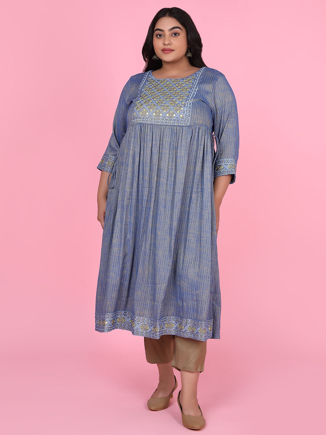 Women Blue Woven Design A Line Kurta