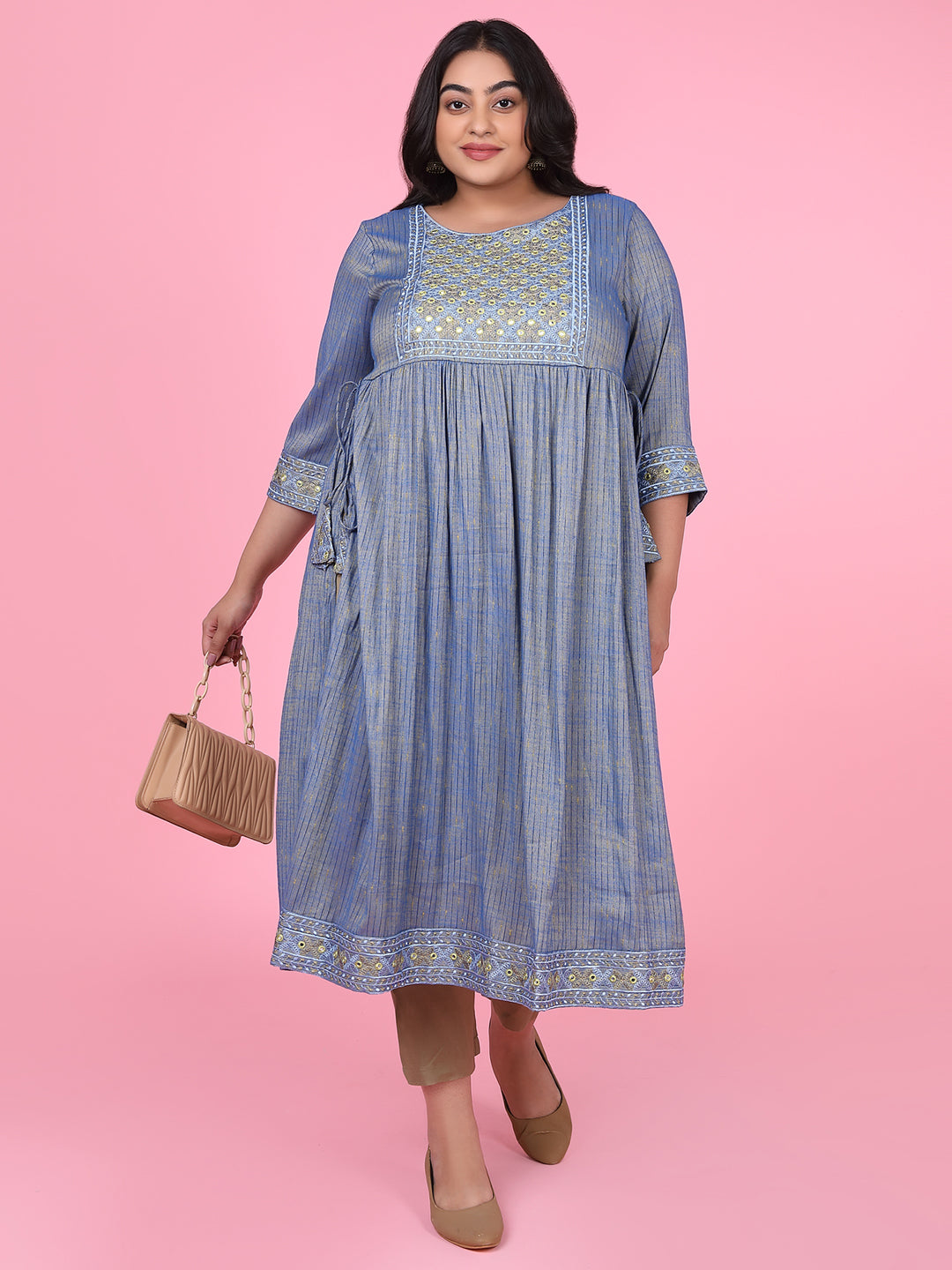 Women Blue Woven Design A Line Kurta