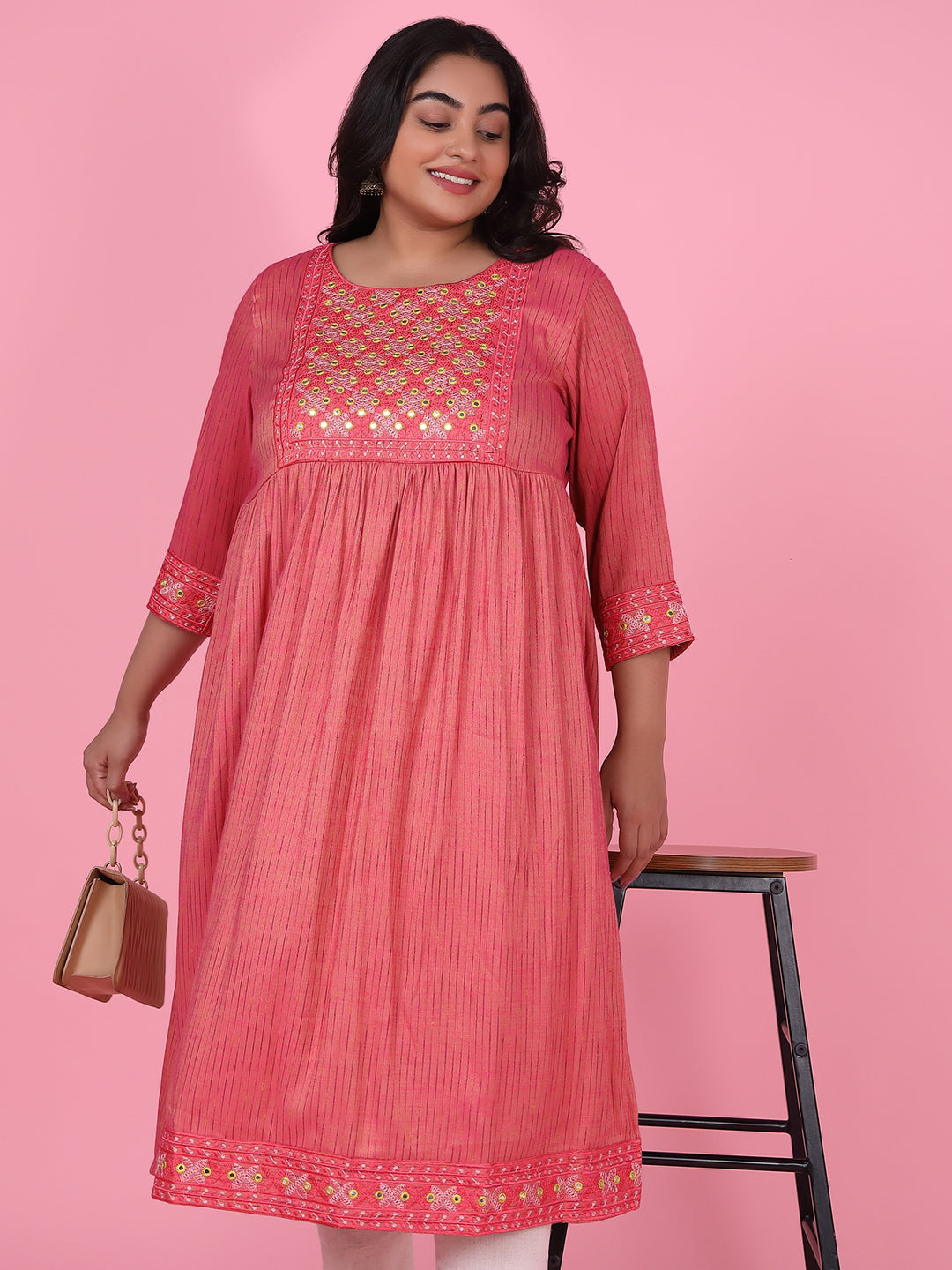 Women Pink Woven Design A Line Kurta