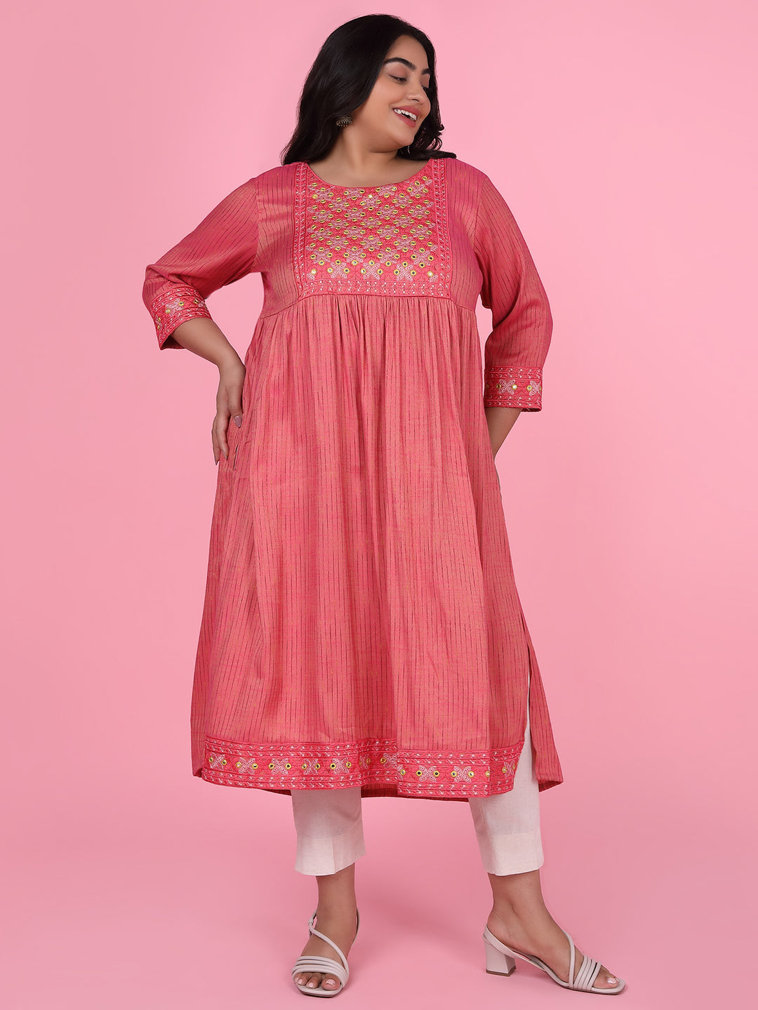 Women Pink Woven Design A Line Kurta