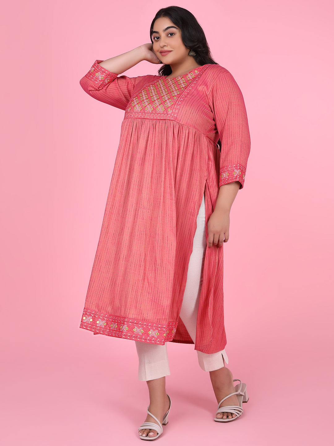 Women Pink Woven Design A Line Kurta