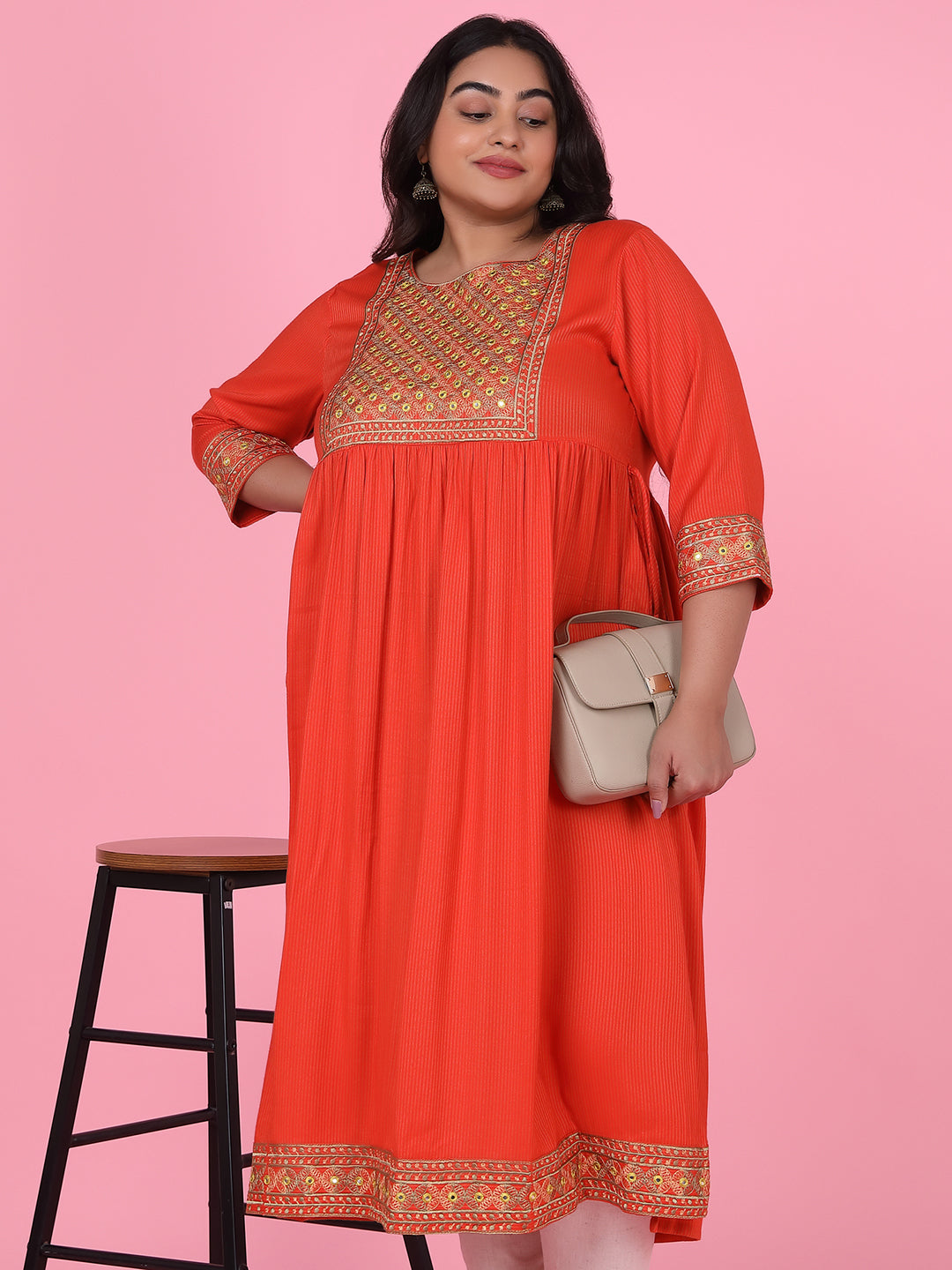 Women Orange Woven Design A Line Kurta