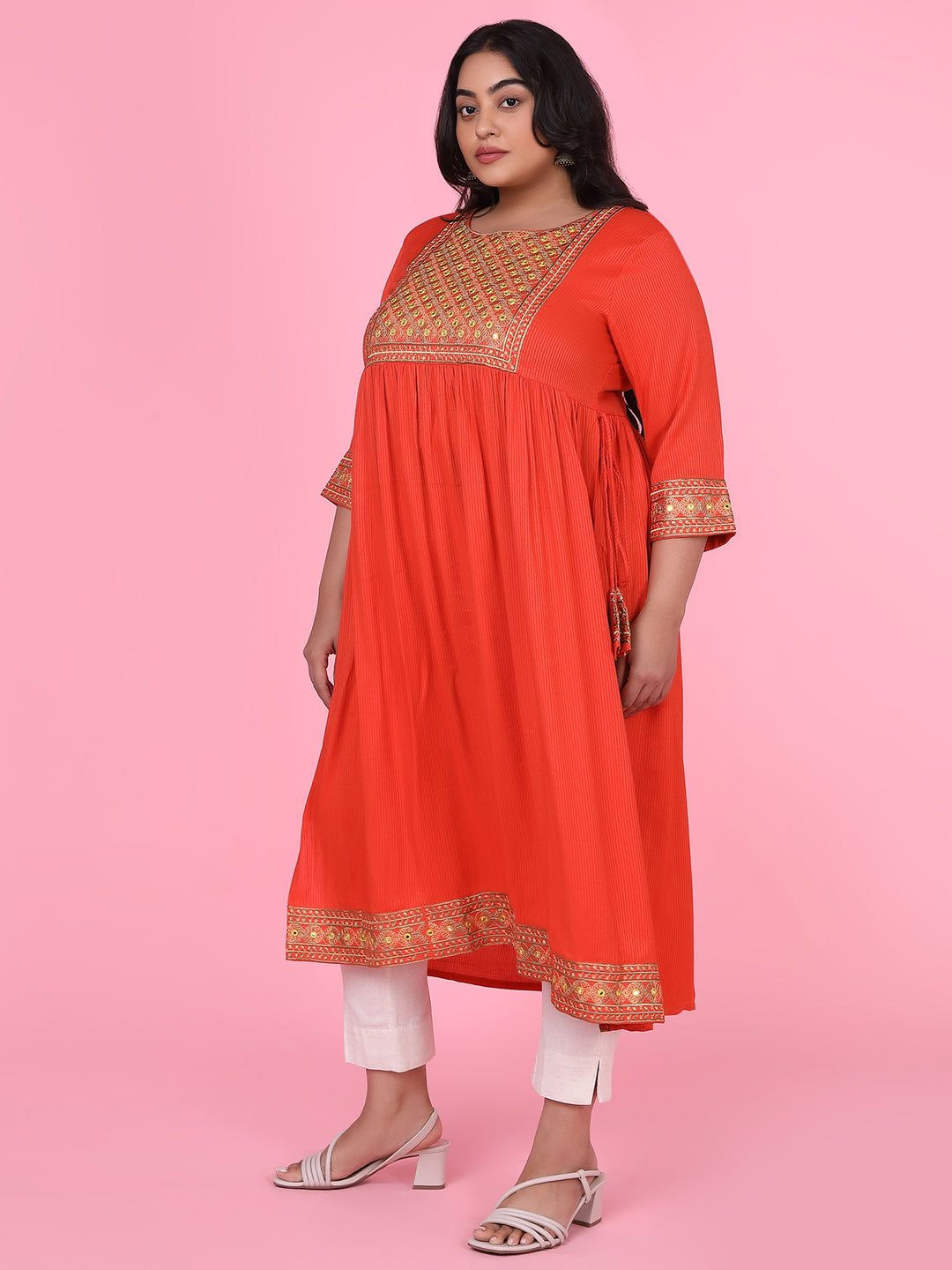 Women Orange Woven Design A Line Kurta