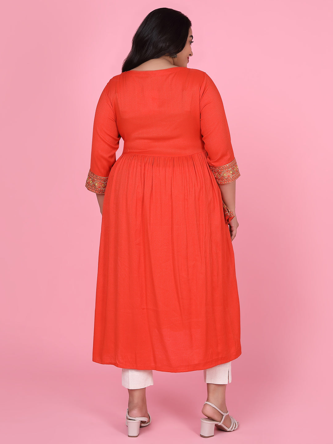 Women Orange Woven Design A Line Kurta