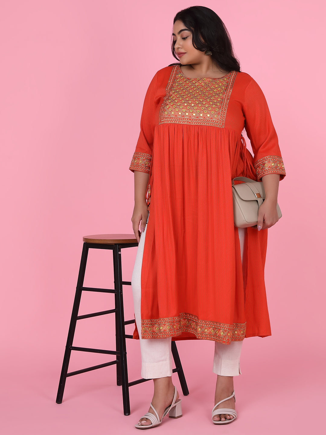 Women Orange Woven Design A Line Kurta