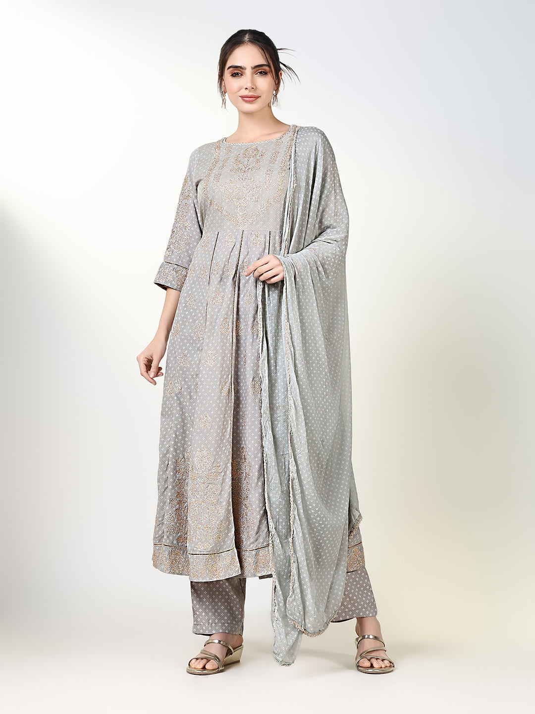 Women Floral Grey Anarkali Kurta Set with Dupatta