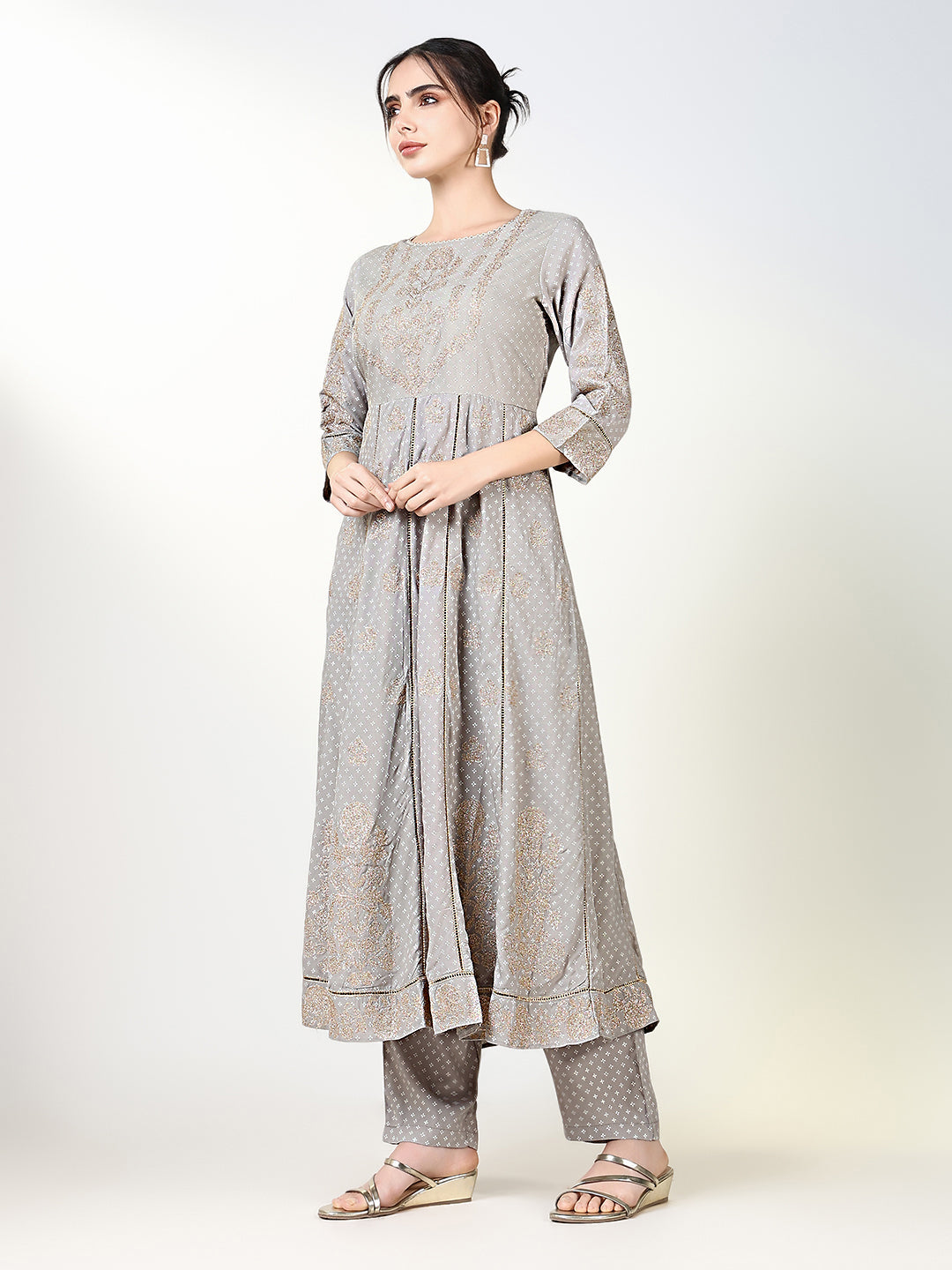 Women Floral Grey Anarkali Kurta Set with Dupatta