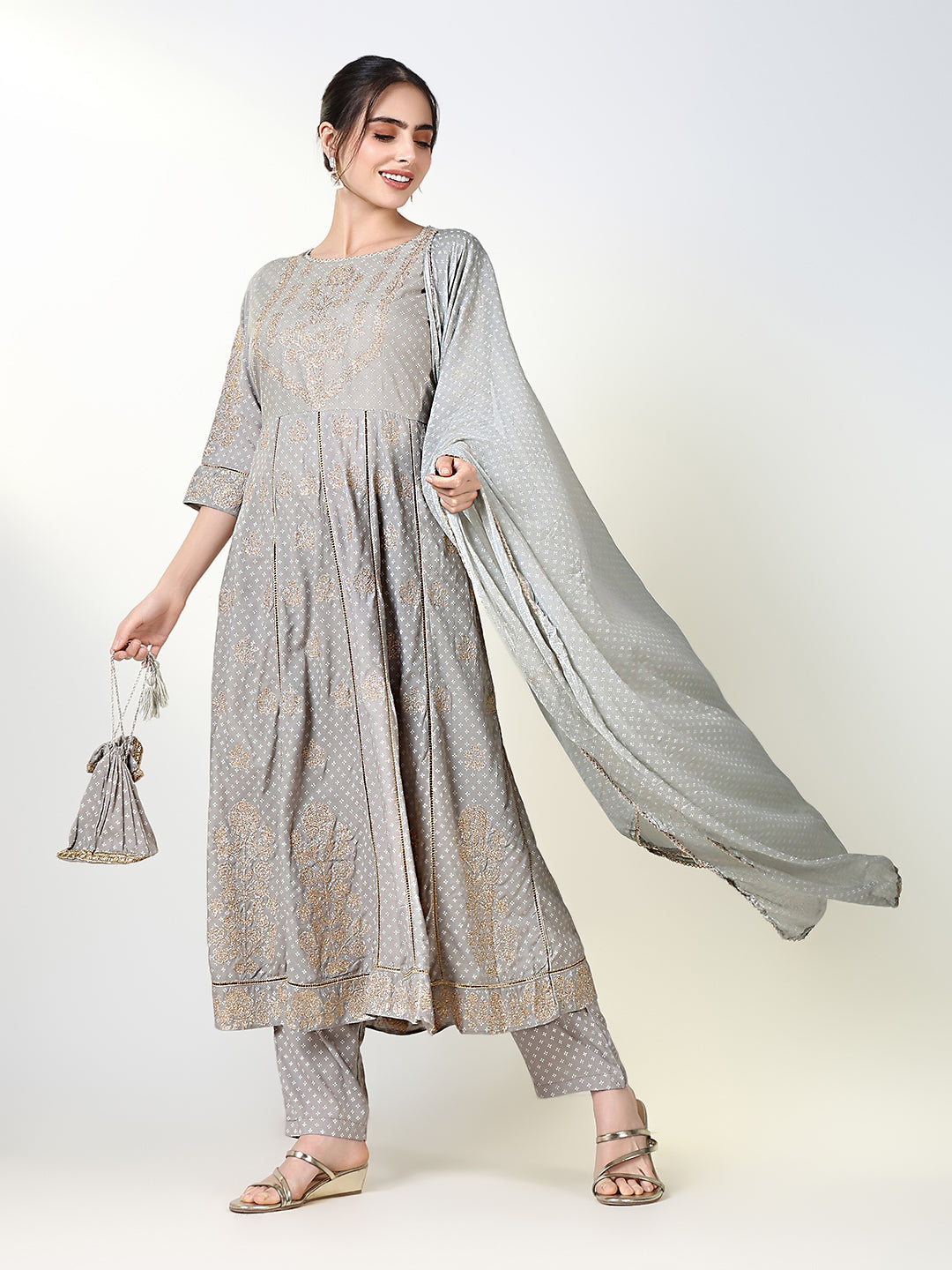 Women Floral Grey Anarkali Kurta Set with Dupatta