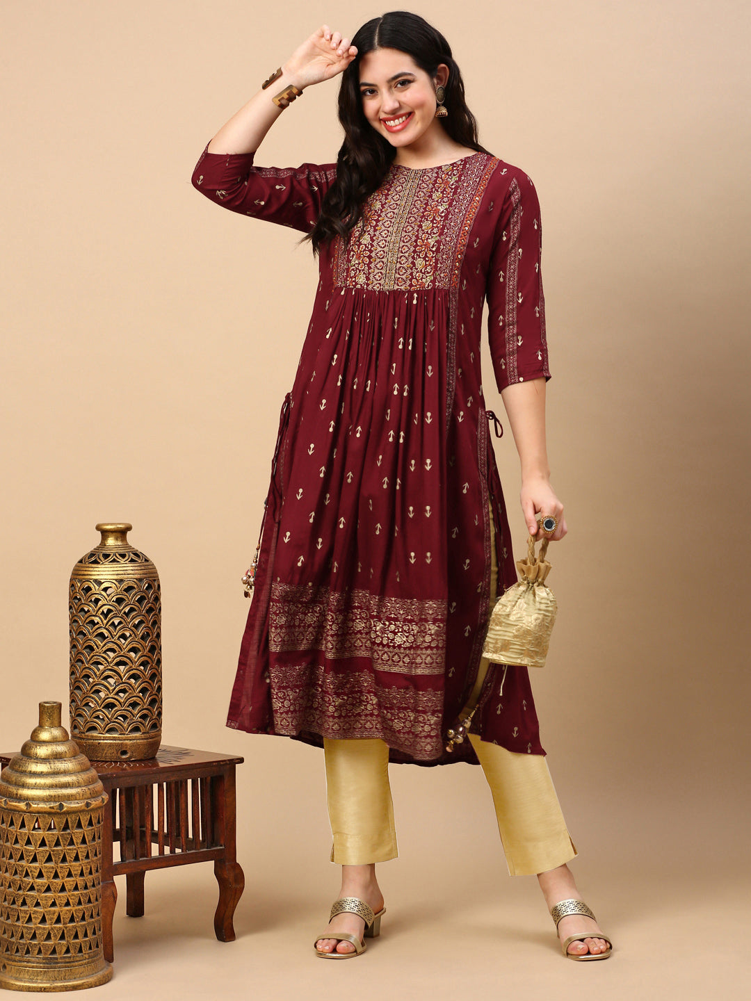 Women Maroon Graphic Anarkali Kurta