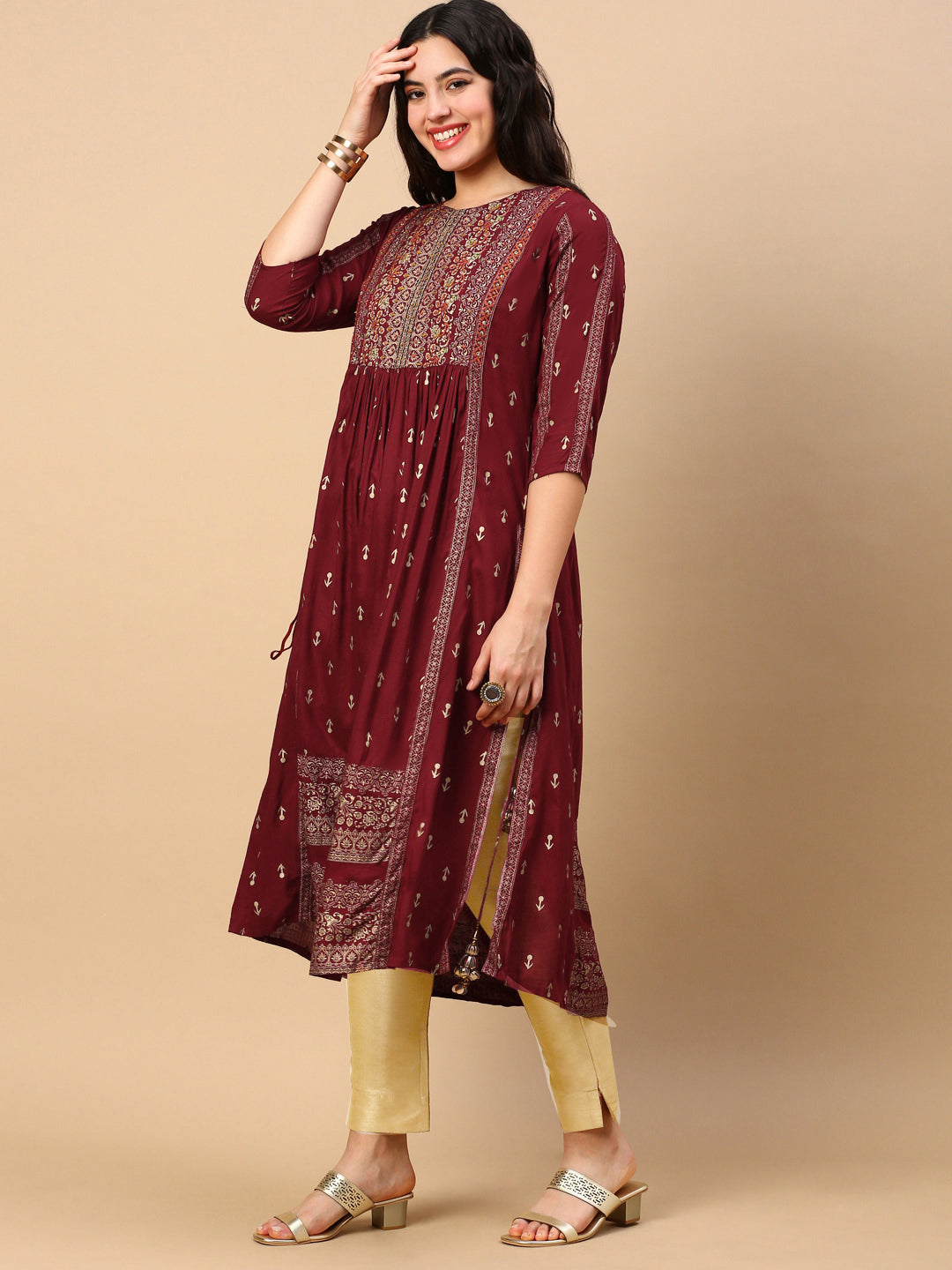 Women Maroon Graphic Anarkali Kurta