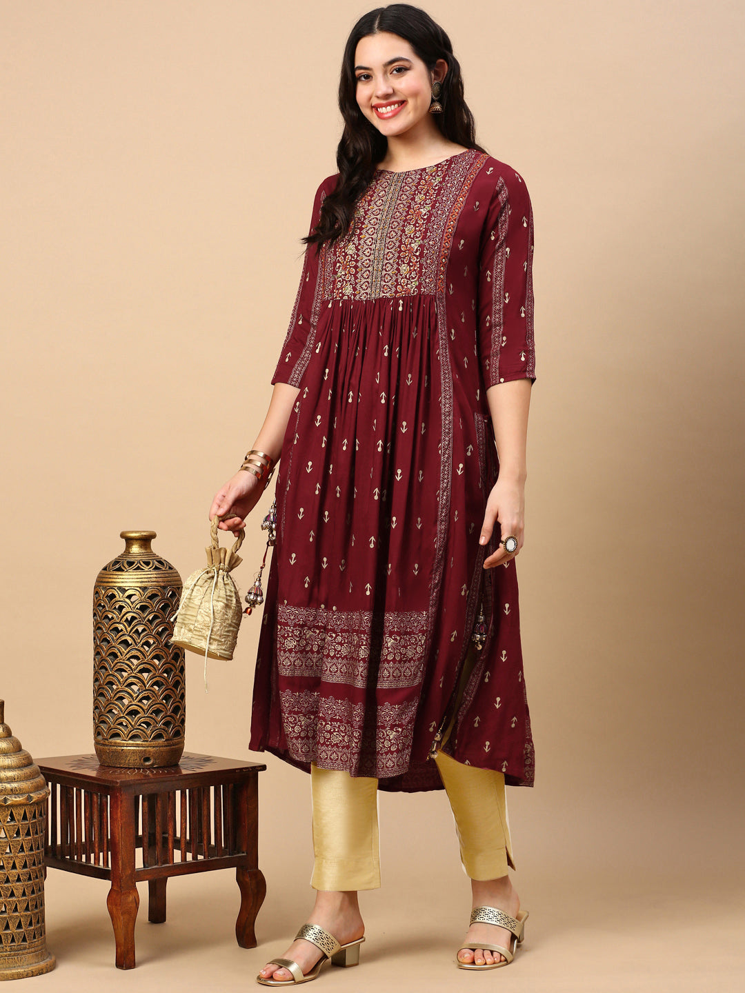 Women Maroon Graphic Anarkali Kurta