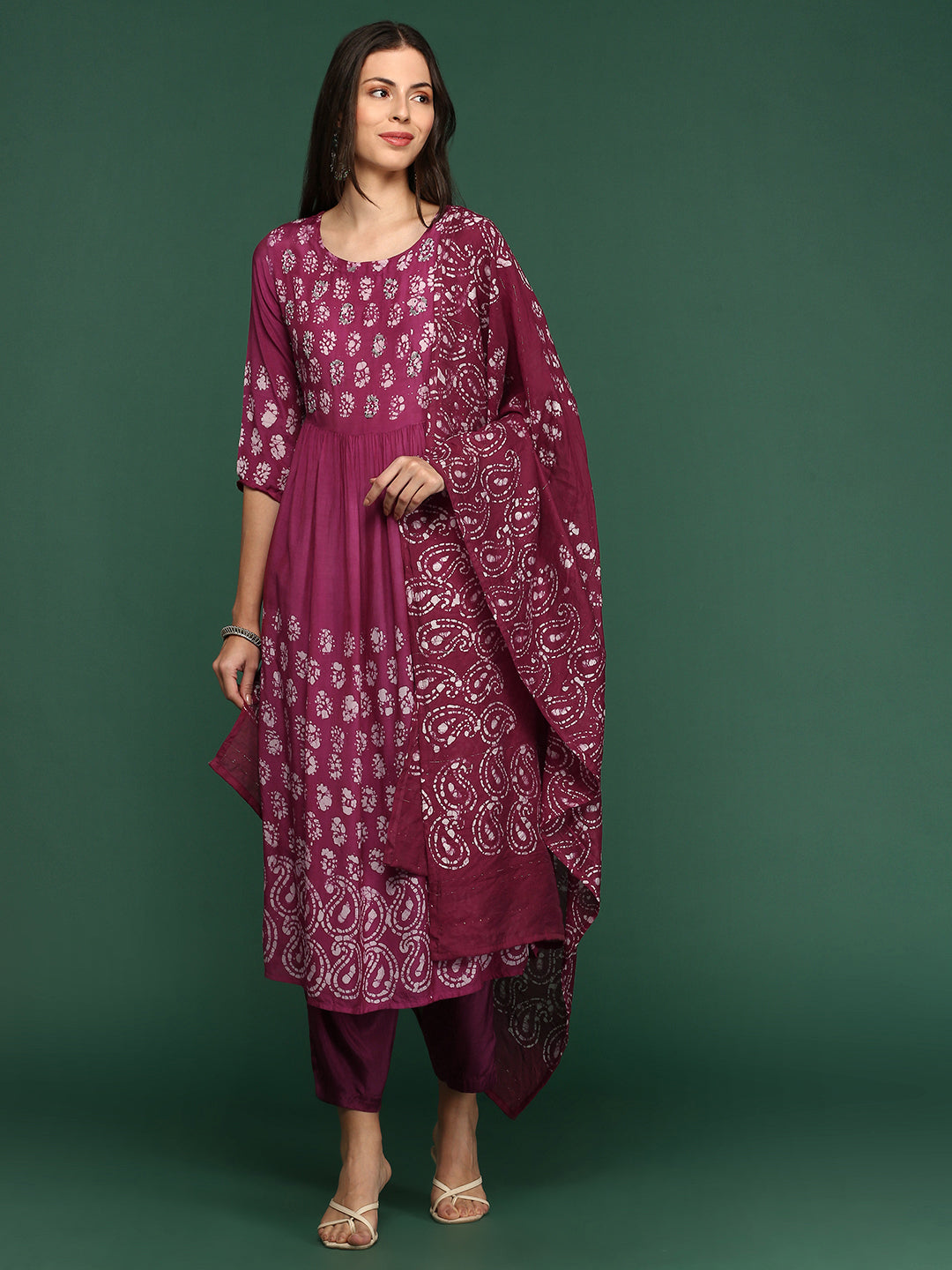 Women Bandhani Maroon A-Line Kurta Set with Dupatta