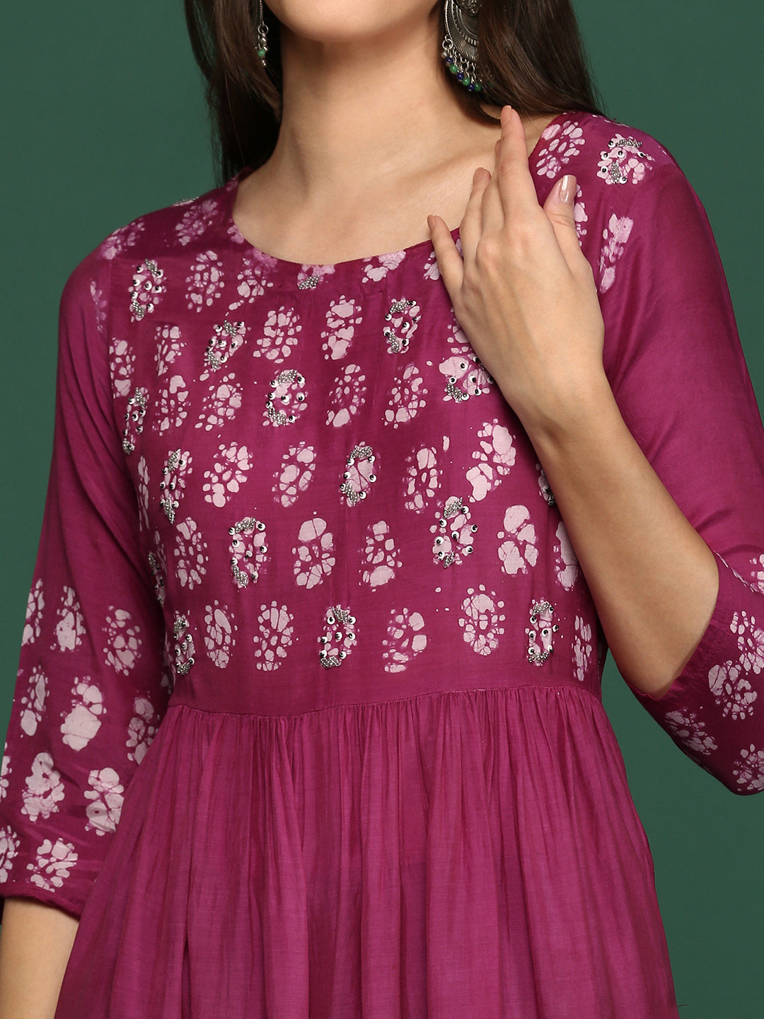 Women Bandhani Maroon A-Line Kurta Set with Dupatta