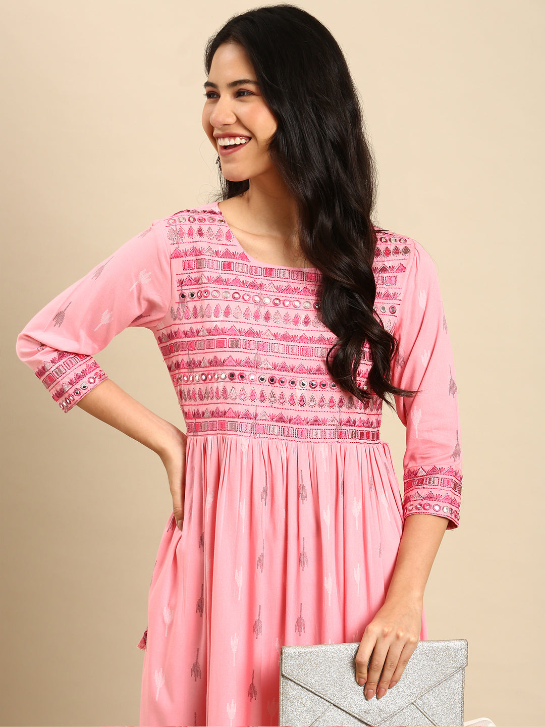 Women Printed Pink A-Line Kurta