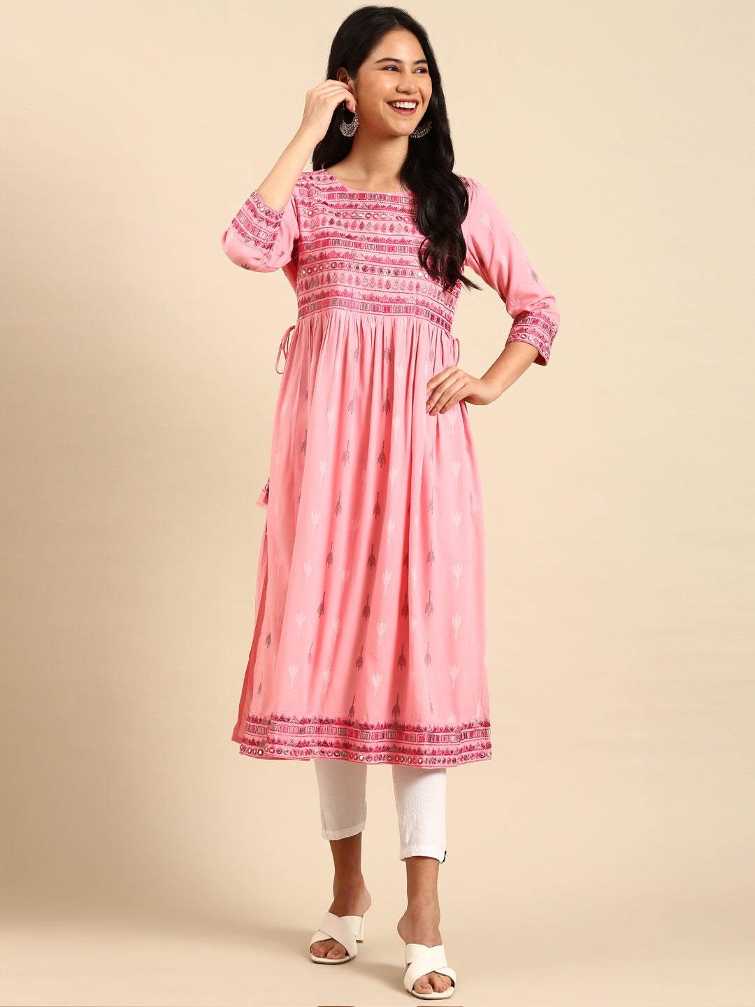 Women Printed Pink A-Line Kurta