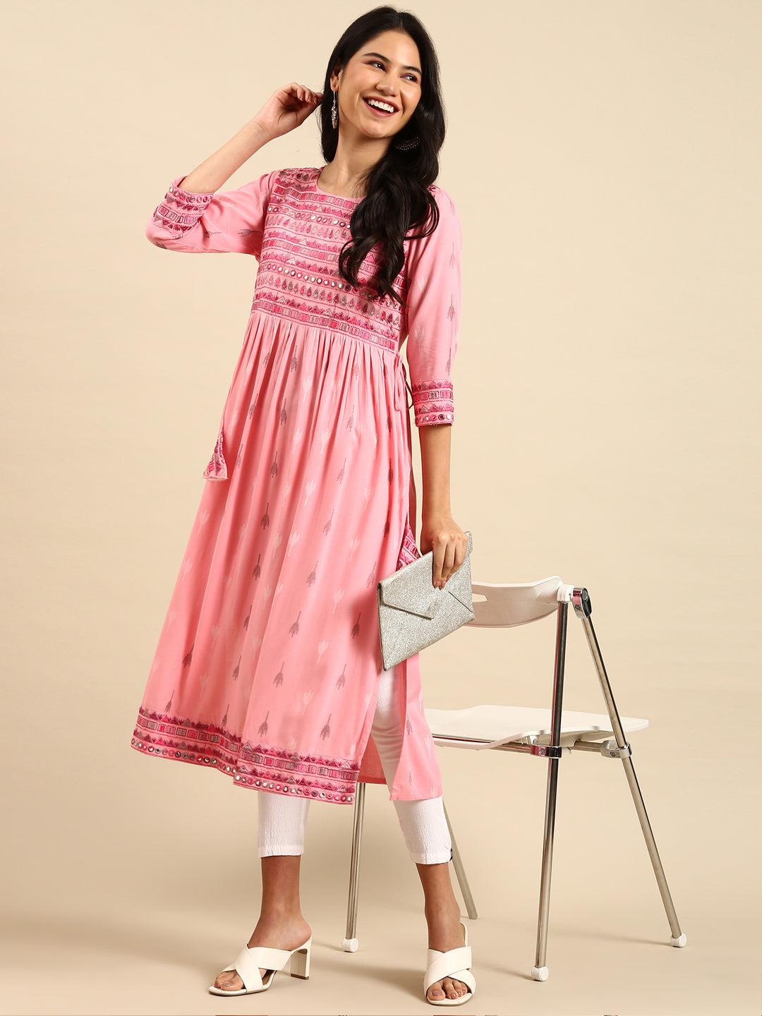 Women Printed Pink A-Line Kurta