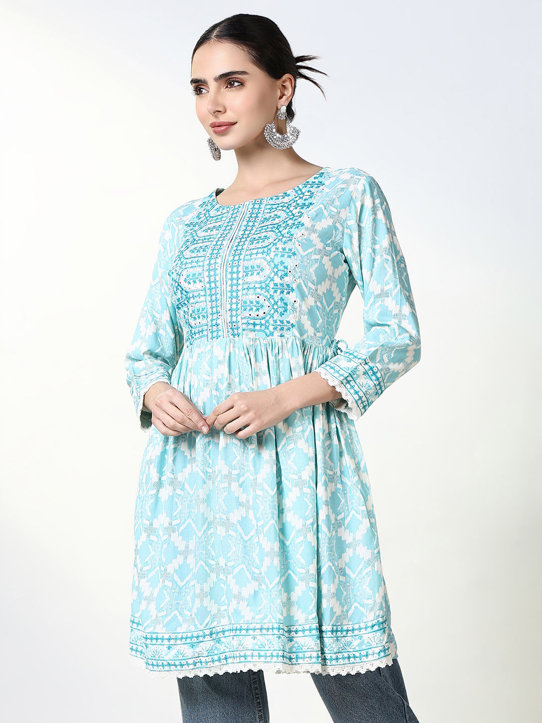 Women Blue Ethnic Motifs A Line Kurti