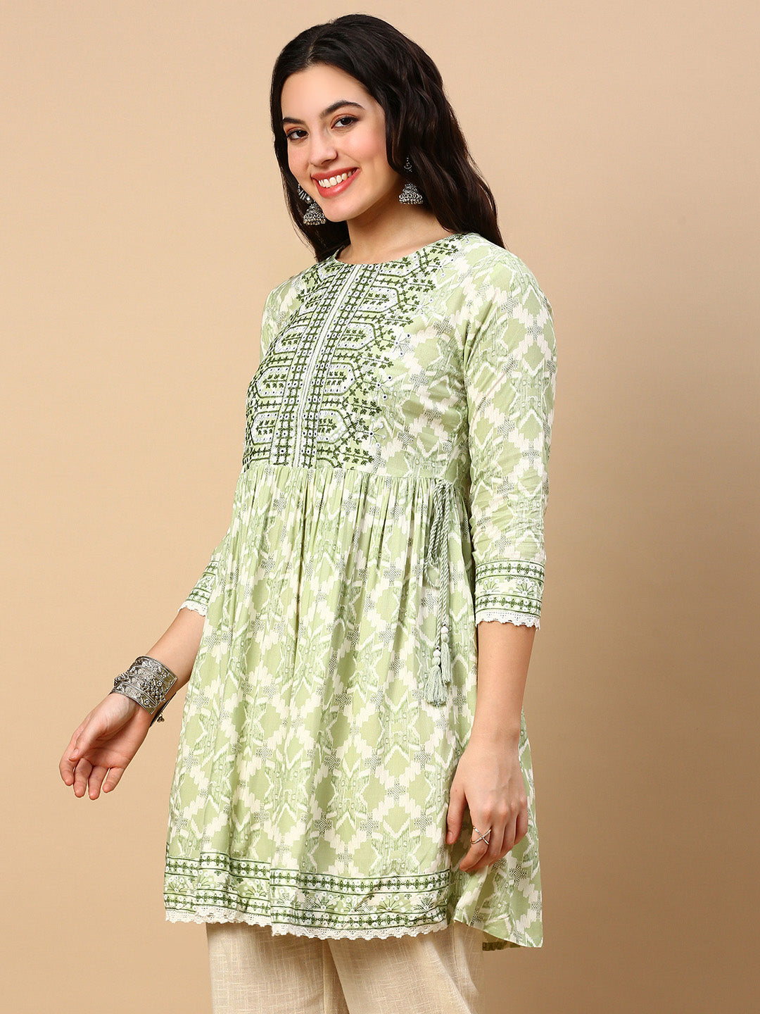 Women Graphic Green A Line Kurti