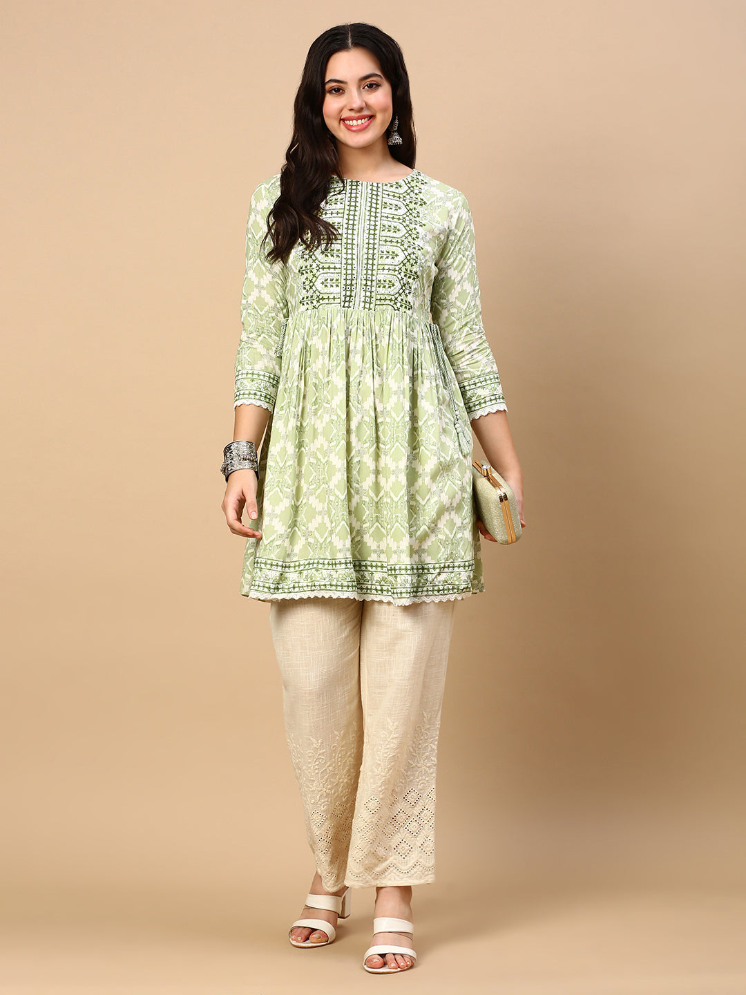 Women Graphic Green A Line Kurti