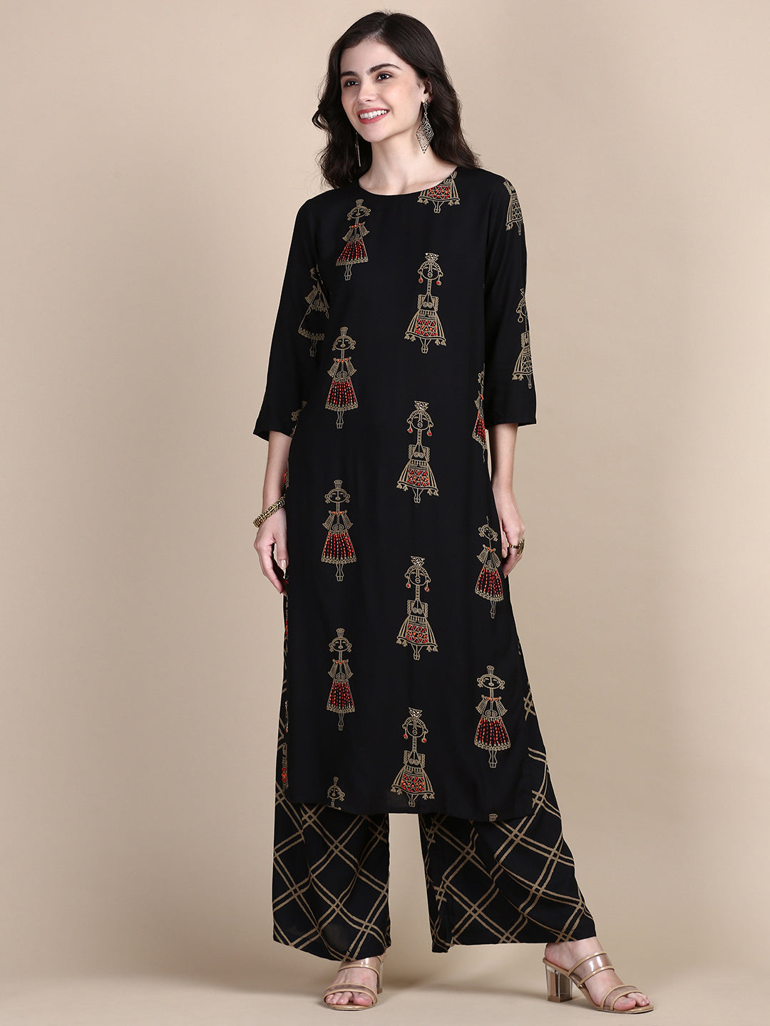 Women Tribal Black Straight Kurta Set