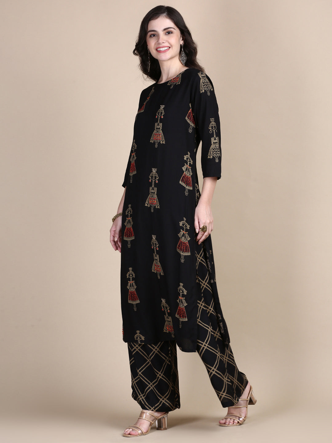 Women Tribal Black Straight Kurta Set