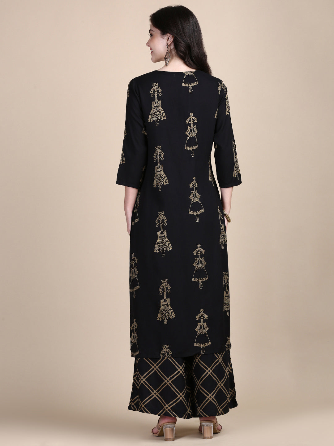 Women Tribal Black Straight Kurta Set