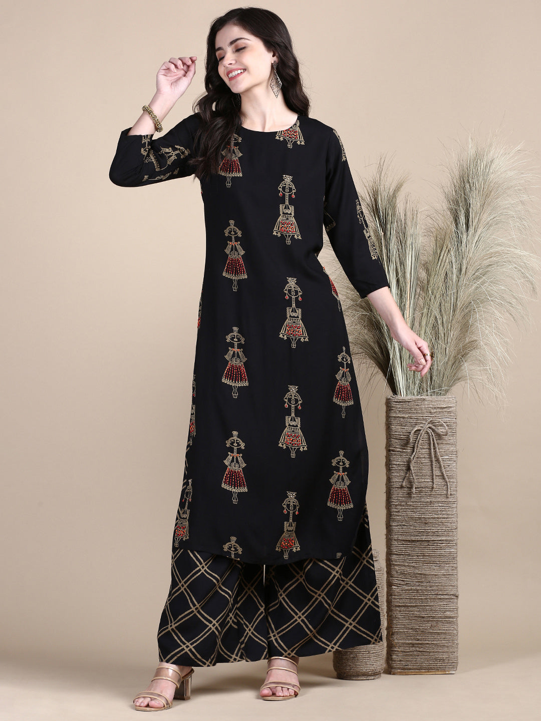 Women Tribal Black Straight Kurta Set