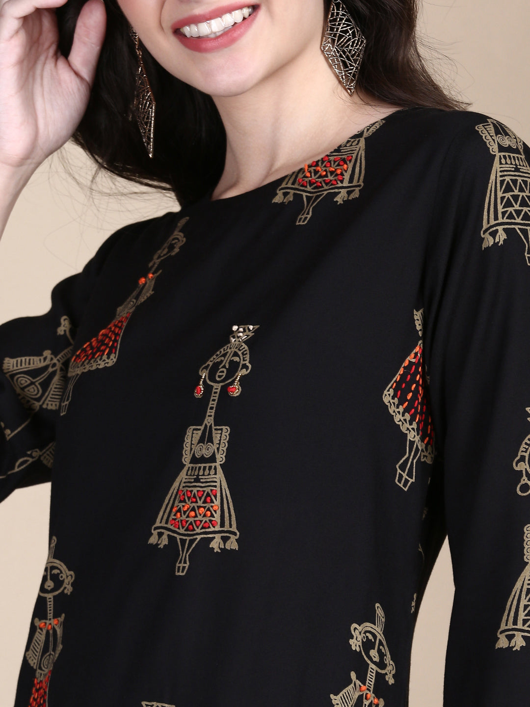 Women Tribal Black Straight Kurta Set